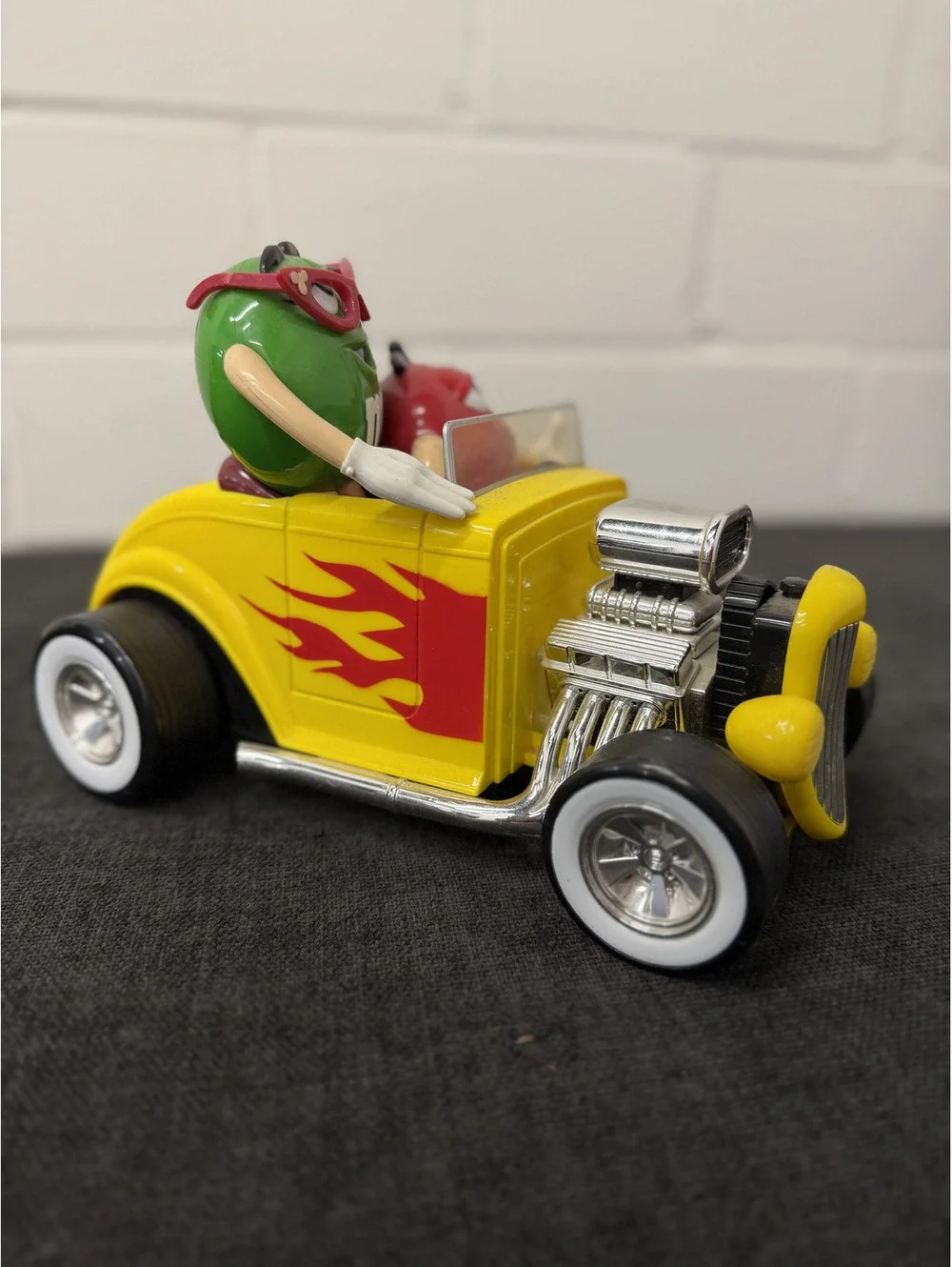 M&M's Yellow Hot Rod Car with Red and Green Characters Figurine